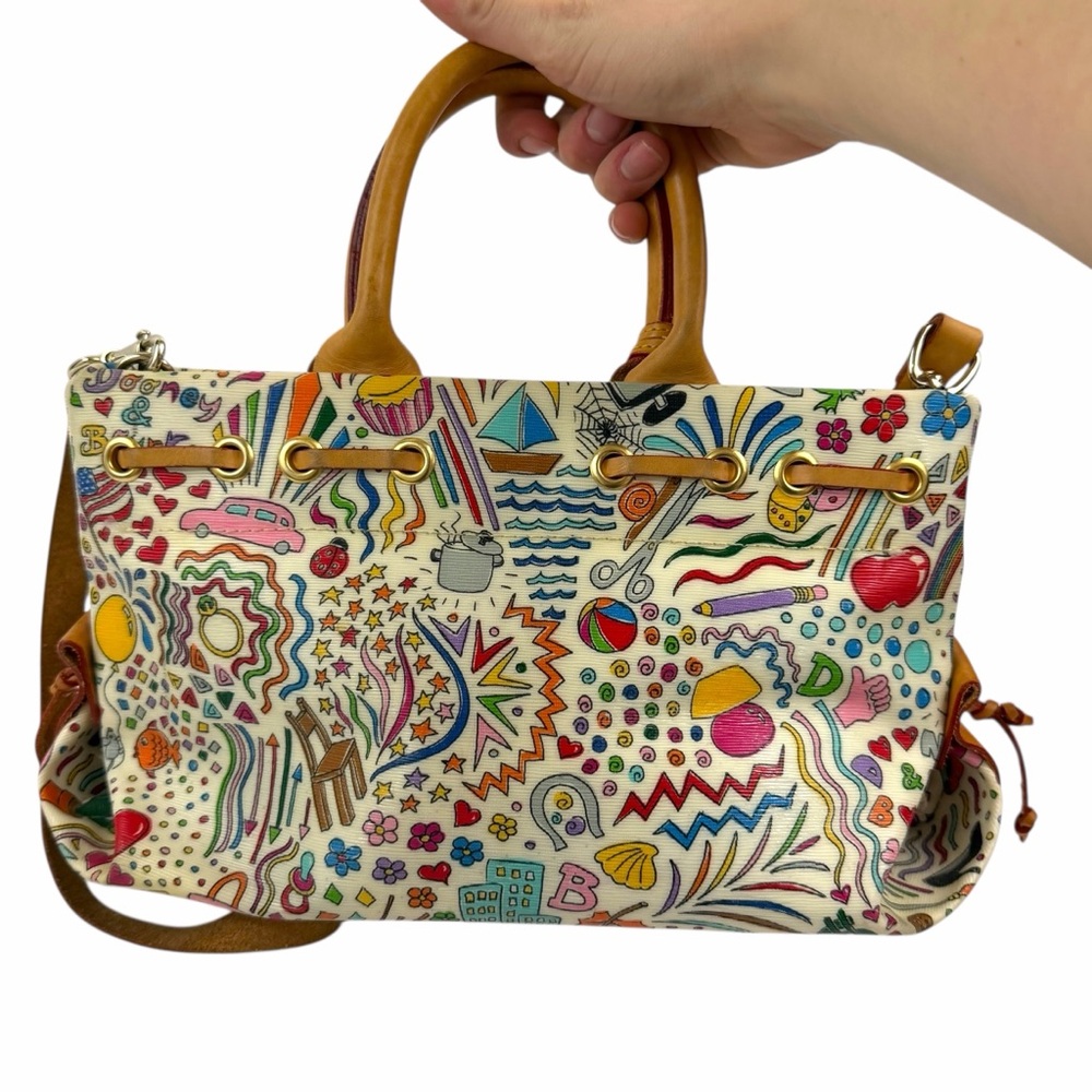 Dooney & Bourke Multicolor Doodle Print Satchel with Tan Leather Trim - Picture 8 of 11